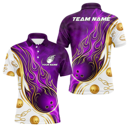 Maxcorners Custom Gold And Purple Flames Bowling Team Jerseys, Bowling League Polo & 1/4-Zip Shirt For Men