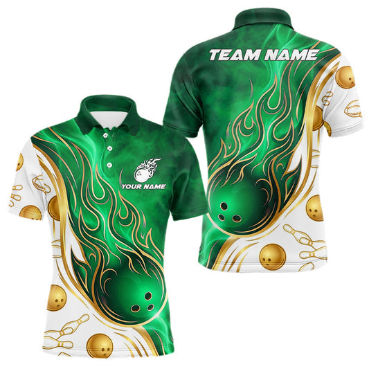 Maxcorners Custom Gold And Green Flames Bowling Team Jerseys, Bowling League Polo & 1/4-Zip Shirt For Men