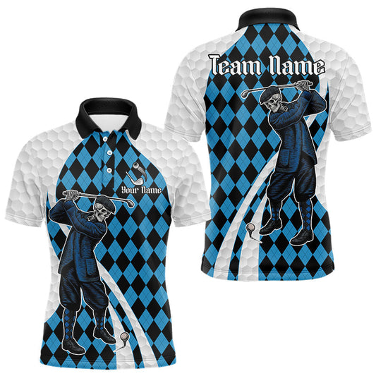 Maxcorners Golfer Skeleton Golf Polo Shirts For Men Custom Blue Argyle Pattern Team Name Golf Clothes LM1705