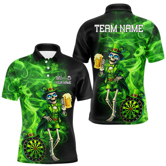 Maxcorners Funny Skeleton St Patrick's Day Men Darts Polo Shirt Custom Flame Shamrock Darts Team Jersey