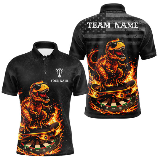 Maxcorners Custom Grunge Flame Dinosaur Darts Shirt Polo & 1/4 Zip Darts Jersey For Men US Flag Dart Outfit