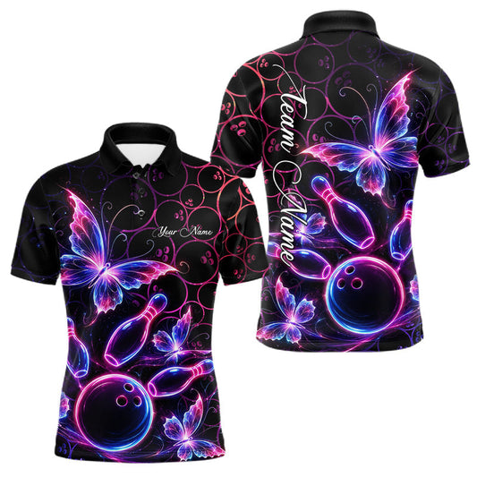 Maxcorners Neon Blue And Pink Butterfly Bowling Polo & 1/4-Zip Shirt For Men Custom Colorful Bowling Team Jersey LM1705