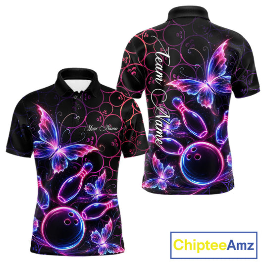 Maxcorners Neon Blue And Pink Butterfly Bowling Polo & 1/4-Zip Shirt For Men Custom Colorful Bowling Team Jersey