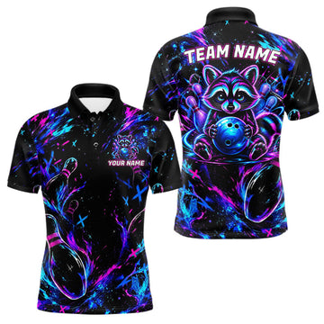 Maxcorners Splatter Neon Purple & Blue Bowling Shirts For Men Custom Funny Raccoon Team Bowling Jersey LM1705