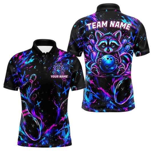 Maxcorners Splatter Neon Purple & Blue Bowling Shirts For Men Custom Funny Raccoon Team Bowling Jersey LM1705