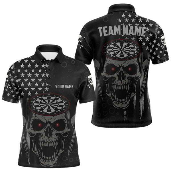 Maxcorners Custom Black Grey Grunge Skull Patriotic Dart Men Polo Jerseys USA Flag Dart Shirts LM2110