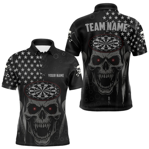 Maxcorners Custom Black Grey Grunge Skull Patriotic Dart Men Polo Jerseys USA Flag Dart Shirts LM2110