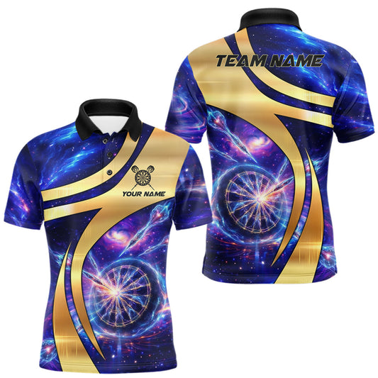 Maxcorners Personalized Golden And Purple Galaxy Darts Polo & 1/4 Zip Shirt For Men Darts Clothing Jerseys