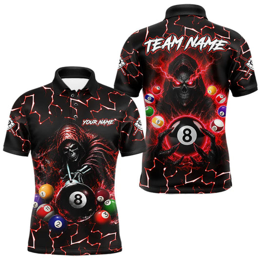 Maxcorners Lightning Red Grim Reaper Men's Billiard Polo Quarter-Zip Shirt Custom Skull 8 Ball Billiard Team Attire LM2306