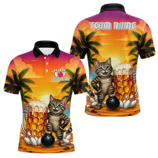 Maxcorners Cheer Beer And Cat Funny Men Bowling Shirt Custom Summer Tropical Youth Bowling Shirts