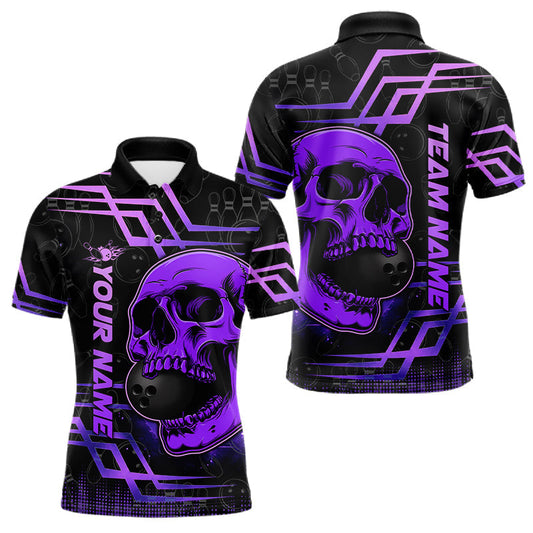 Maxcorners Black And Purple Skull Holding Bowling Ball Shirt For Men Custom Bowling Team Attire LM2806