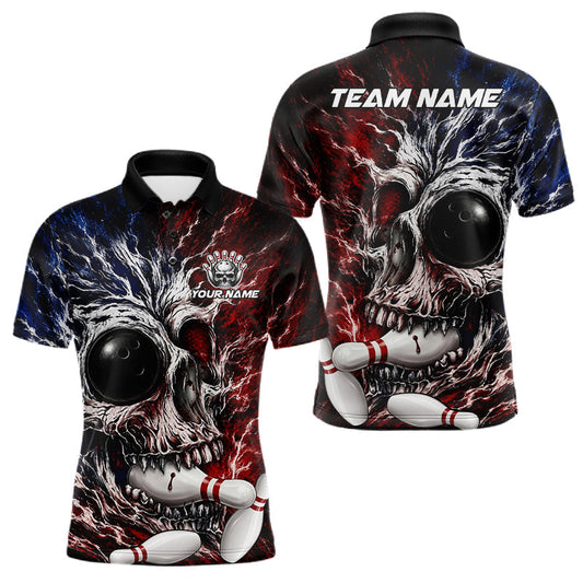 Maxcorners Red And Blue Grunge Skull Mens Bowling Polo Quarter-Zip Shirt Custom Youth Bowling Team Outfits LM2806