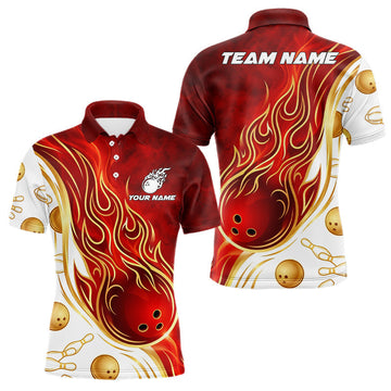 Maxcorners Custom Gold And Red Flames Bowling Team Jerseys, Bowling League Polo & 1/4-Zip Shirt For Men