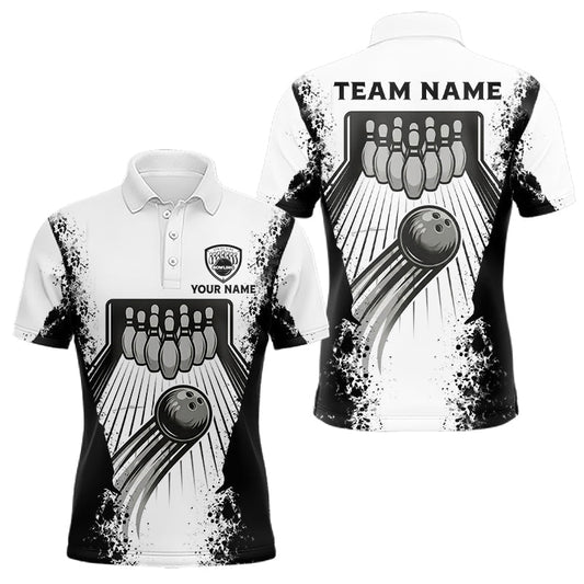 Maxcorners White And Grunge Black Bowling Jerseys For Men Custom Bowling Polo 1/4-Zip Shirt, Gift For Bowlers LM2704