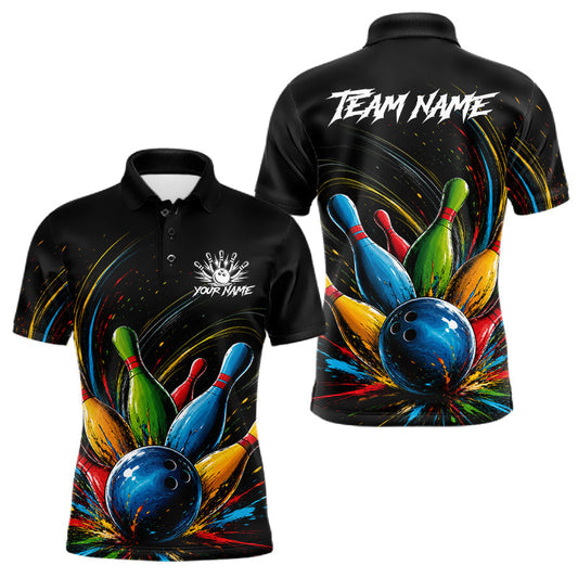 Maxcorners Splatter Colorful Bowling Ball & Pins Jersey For Men Custom Splash Team Shirts Bowling Leagues LM2306