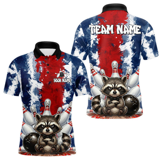 Maxcorners Funny Raccoon Bowling Ball & Pins Shirt For Men Custom Red & Blue Team Jersey Bowling League LM2306