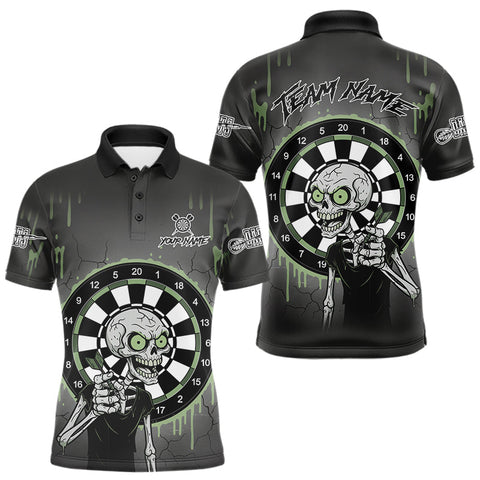 Maxcorners Custom Grey & Green Dartboard Funny Skeleton Dart Men Polo Jerseys Dart Team Shirts TU2310