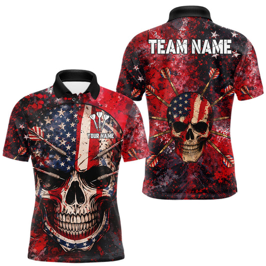 Maxcorners Red Grunge US Flag Skull Dart Arrow Men Darts Polo Shirt Custom Retro Darts Team Jerseys LM2201