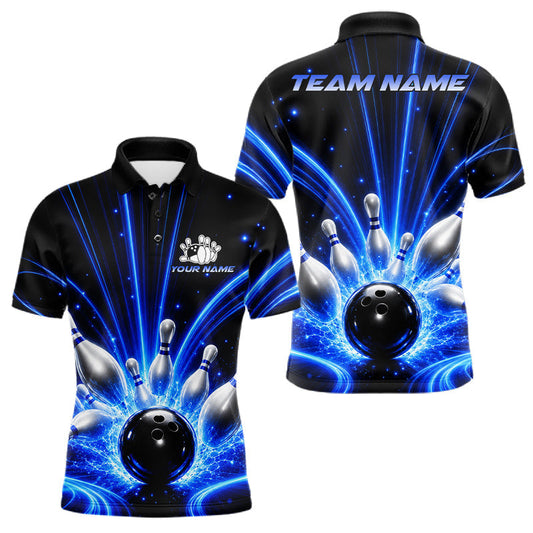 Maxcorners Thunder Bowling Ball & Pins Shirts For Men Custom Blue Lightning Team Bowling League Jerseys