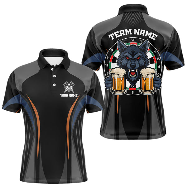 Maxcorners Custom Wolf With Beer Funny Dart Polo Shirts For Men Dart Team Jerseys LM0910