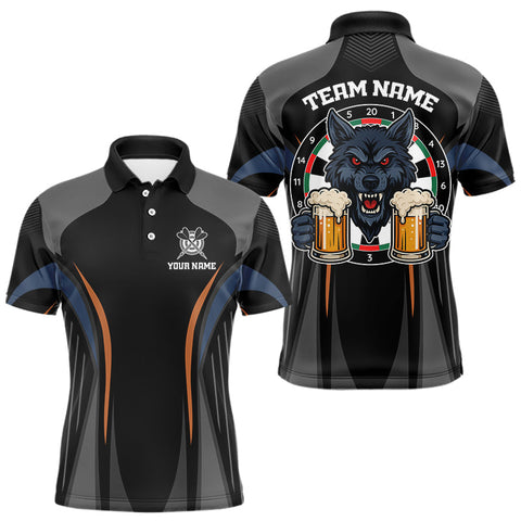 Maxcorners Custom Wolf With Beer Funny Dart Polo Shirts For Men Dart Team Jerseys LM0910