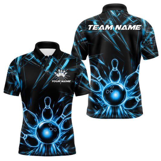 Maxcorners Black And Blue Neon Light Bowling Ball & Pins Shirt For Men Custom Polo Quarter Zip Bowling Team Jersey