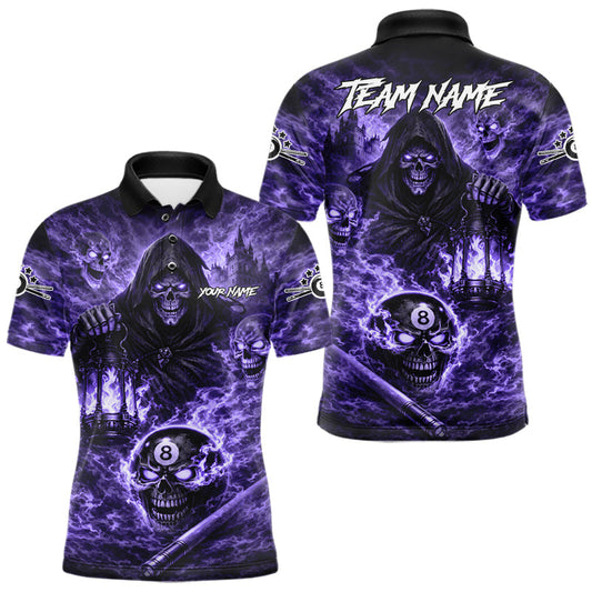 Maxcorners Fire Flames Purple Grim Reaper Skull 8 Ball Pool Men Billiard Shirt Personalized Billiard Team Names LM2602