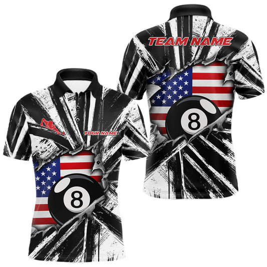 Maxcorners Black & White Grunge Mens Billiard Shirt Custom Torn US Flag 8 Ball Billiard Pool Jersey LM2806
