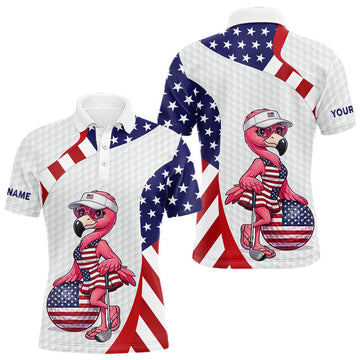 Maxcorners Custom Name White American Flag Patriotic Golf Mens Polo Shirt, Flamingo Golf Clothing For Mens LM0404