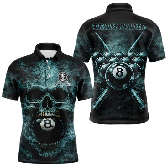 Maxcorners Custom Teal Smoke Grunge Skull Pool 8 Ball Men Billiard Shirt Personalized Ball Billiard Attire