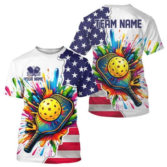 Maxcorners Custom American Flag Patriotic Pickleball T-Shirt For Men Colorful Splatter Pickleball Jerseys | White LM0106