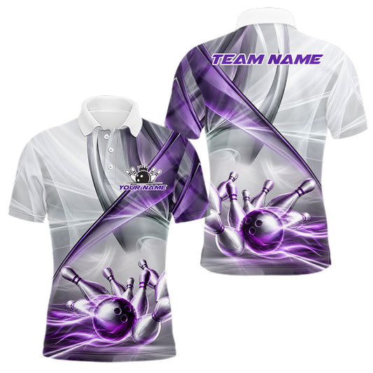 Maxcorners White & Purple Smoke Bowling Ball & Pins Shirt For Men Custom Polo 1/4-Zip Team Shirt Bowling Jersey