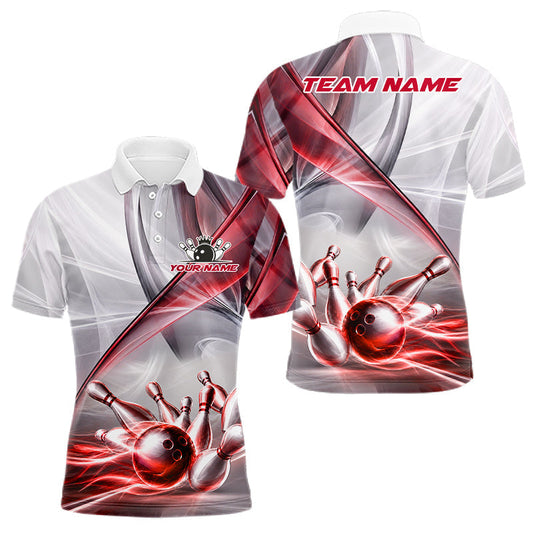 Maxcorners White & Red Smoke Bowling Ball & Pins Shirt For Men Custom Polo 1/4-Zip Team Shirt Bowling Jersey