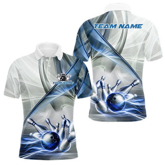Maxcorners White & Blue Smoke Bowling Ball & Pins Shirt For Men Custom Polo 1/4-Zip Team Shirt Bowling Jersey
