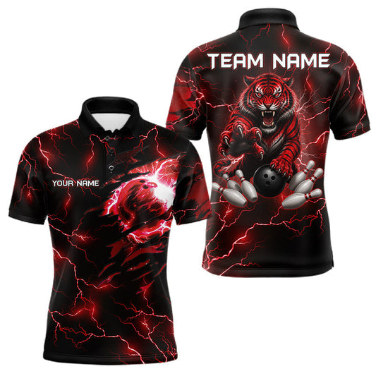 Maxcorners Red Thunder Lightning Tiger Bowling Polo Quarter-Zip Shirts For Men Custom Tiger Bowling Team Jersey