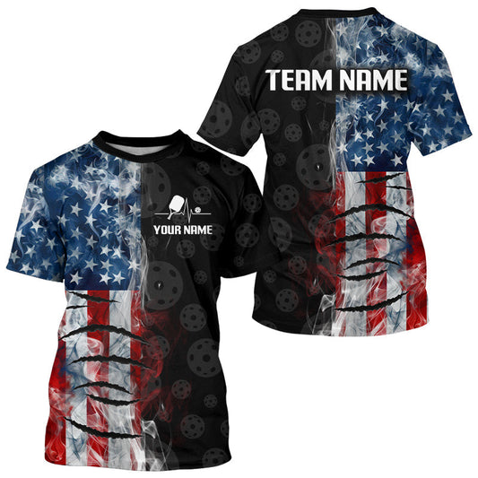 Maxcorners Smoke American Flag Pickleball Mens Shirt Custom Best Pickleball Ball Patriotic Team Clothing LM0106