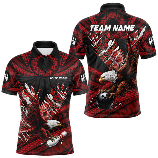 Maxcorners Custom Red Tribal Pattern Polynesian Eagle Bowling Men Polo Quarter-Zip Shirts, Bowling Team Attire