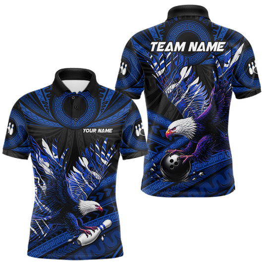 Maxcorners Custom Blue Tribal Pattern Polynesian Eagle Bowling Men Polo Quarter-Zip Shirts, Bowling Team Attire