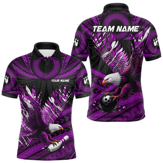 Maxcorners Custom Purple Tribal Pattern Polynesian Eagle Bowling Men Polo Quarter-Zip Shirts, Bowling Team Attire
