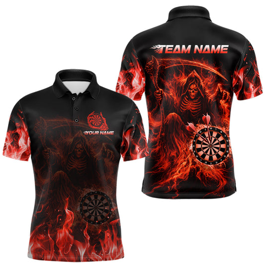 Maxcorners Custom Red Flaming Grim Reaper Dartboard Men Dart Polo Shirt Personalized Skull Dart Team Jerseys
