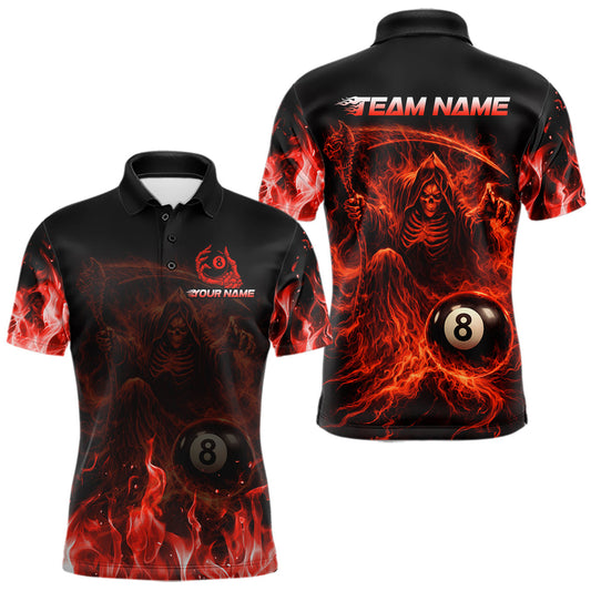 Maxcorners Custom Red Flaming Grim Reaper 8 Ball Billiard Pool Shirts For Men Bowling Polo & 1/4-Zip Jersey