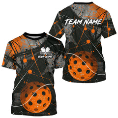 Maxcorners Custom Black Grunge Orange Pickleball Ball T-Shirt For Men Splatter Pickleball Jerseys LM0910