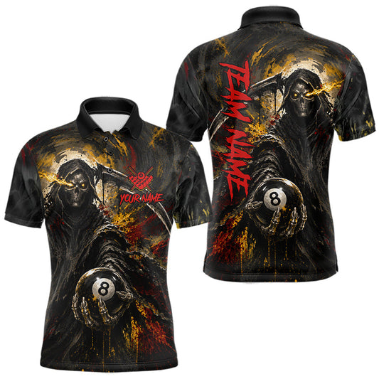 Maxcorners Grunge Yellow & Red Grim Reaper Mens Billiard Shirt Custom 8 Ball Pool Billiard Tournament Jersey LM0607