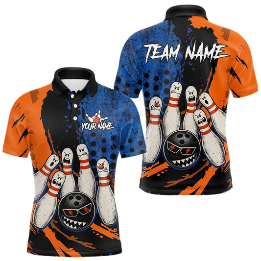 Maxcorners Custom Grunge Orange And Blue Angry Men Bowling Ball & Pins Shirts