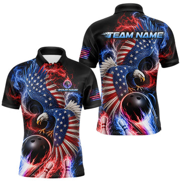 Maxcorners Custom Thunder Bowling Shirt For Men USA Flag Flame Eagle Bowling Polo Quarter-Zip Shirt