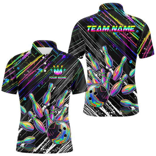 Maxcorners Holographic Strike Bowling Ball & Pins Jersey For Men Custom Splatter Paint Bowling Team Shirts LM1005