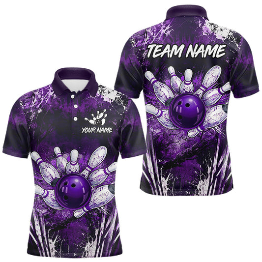 Maxcorners Mens Splatter Paint Bowling Ball Shirts Custom White And Purple Bowling Team Jerseys, Bowling Gifts LM1406