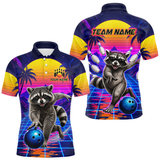 Maxcorners Funny Raccoon Bowling Shirts For Men Custom Summer Polo & 1/4 Zip Bowling Team Jersey LM1406