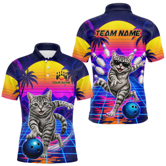 Maxcorners Funny Cat Bowling Shirts For Men Personalized Summer Polo & 1/4 Zip Bowling Team Jersey LM1406
