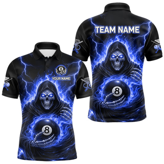 Maxcorners Blue Flames Grim Reaper Holding 8 Ball Pool Men Polo & 1/4-Zip Shirt Personalized Billiard Gifts